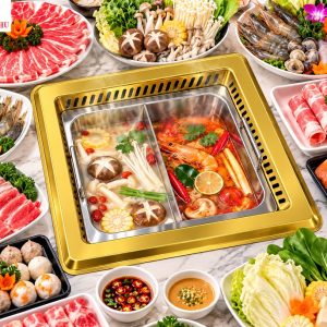 Mua bếp lẩu 2 ngăn âm bàn vuông 3000w khung có hút mùi màu vàng